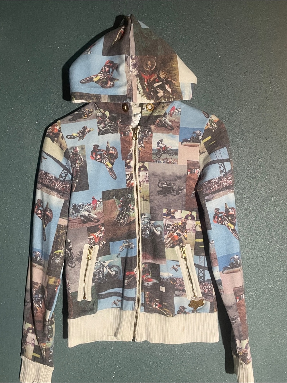 Womens Light Blue Motorcycle Photo-Print Hooded Windbreaker Jacket